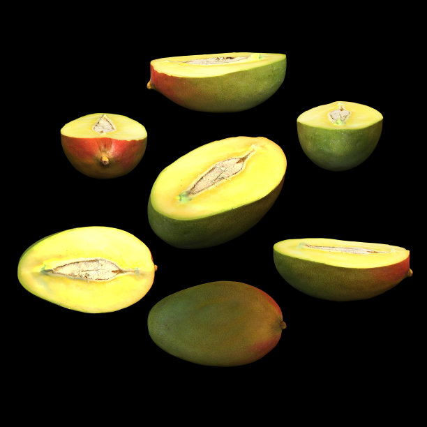半芒果水果黑色背景多角度3d渲染图片下载