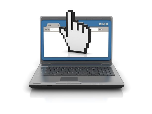 电脑笔记本电脑与网络浏览器和手光标- 3D渲染图片下载
