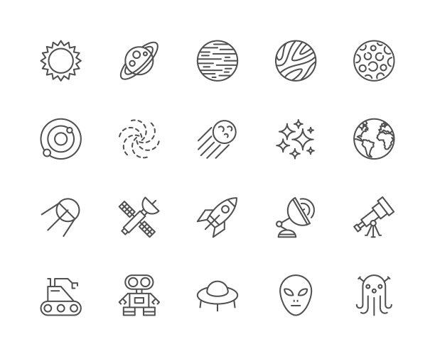 一组天文和空间线图标。太阳、太阳系、星系、宇宙、恒星、黑洞、人造卫星、火箭、望远镜、月球、机器人等等。图片下载