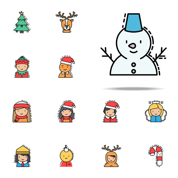 雪人彩色图标。圣诞头像图标普遍设置为网络和移动图片下载
