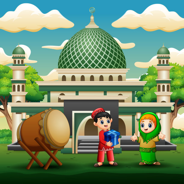 可爱的伊斯兰男孩在清真寺前给女孩礼物图片下载