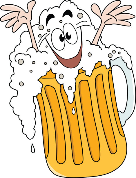卡通男子快乐地微笑在一个充满冰冷和泡沫啤酒向量插图图片下载