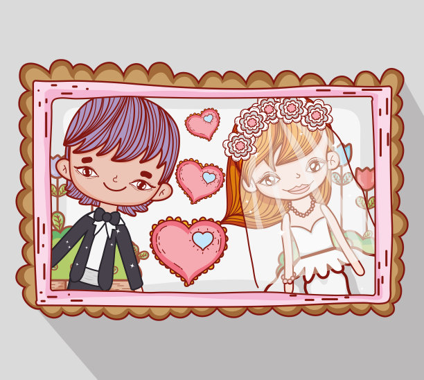 女孩和男孩的结婚照片，上面有心形图案图片下载