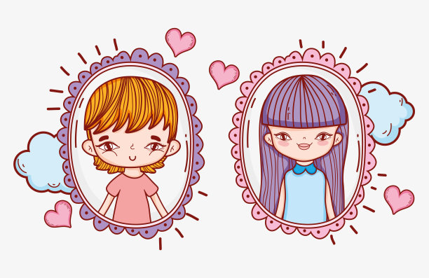 女孩和男孩的情侣照片上有爱心和云朵图片下载