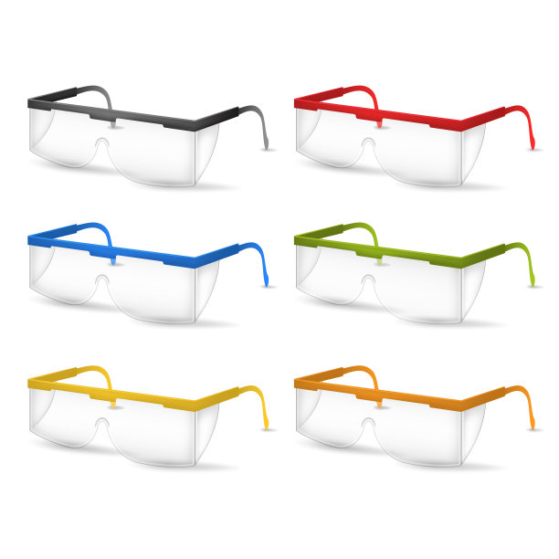 逼真详细的3d塑料安全眼镜颜色设置。向量图片下载