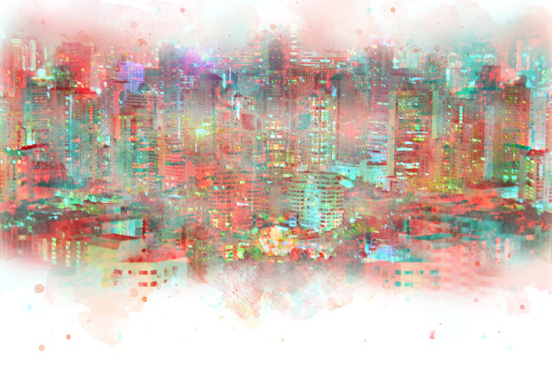 抽象办公大楼以城市夜间水彩画为背景。城市上的数字插画刷艺术。图片下载