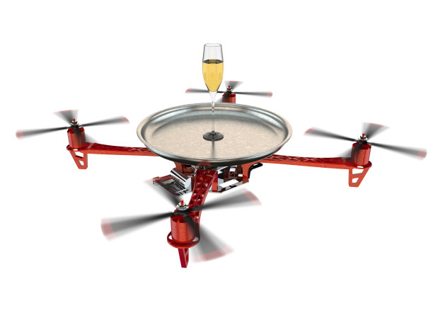 3D渲染的服务员无人机与一杯香槟在托盘上图片下载
