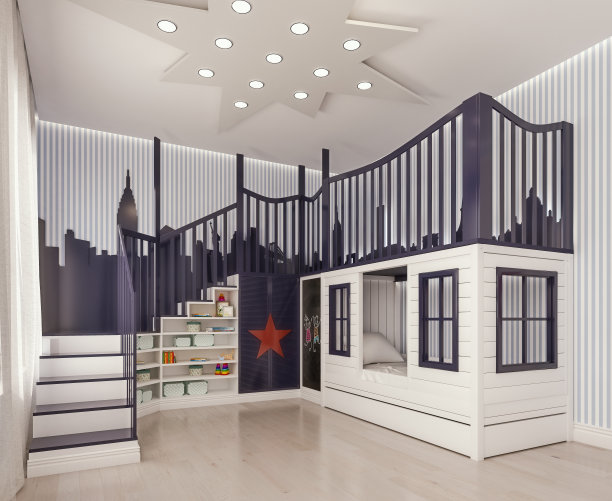 现代室内设计儿童卧室，儿童房，游戏室，双人床和城堡般的楼梯与城市装饰条纹墙，3d渲染图片下载