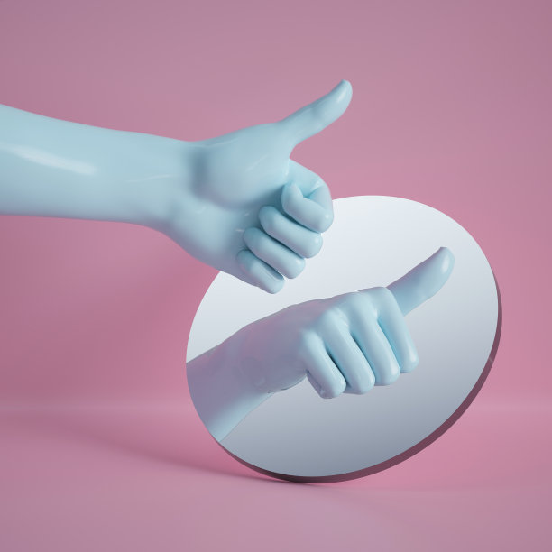 3d渲染，手反射在圆形镜子孤立在粉红色的背景，抽象的概念组成，如手势，拇指向上，人体模型的身体部分图片下载