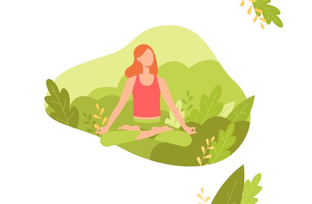 红发女子以莲花坐姿沉思，双腿交叉，背景是绿色植物。图片下载