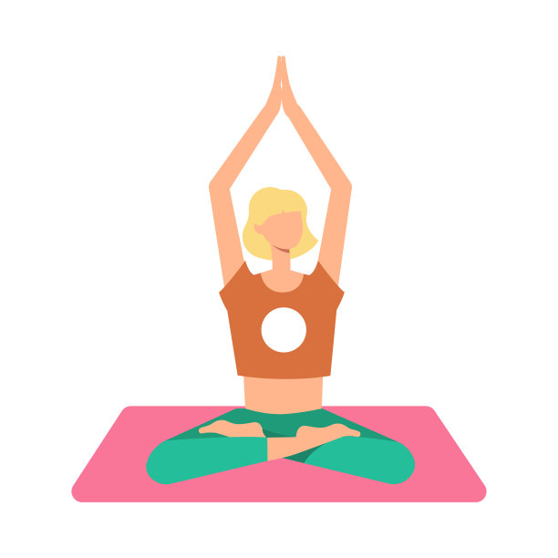 一位金发女子双腿交叉，双臂高举，在瑜伽垫上以莲花姿势冥想。图片下载