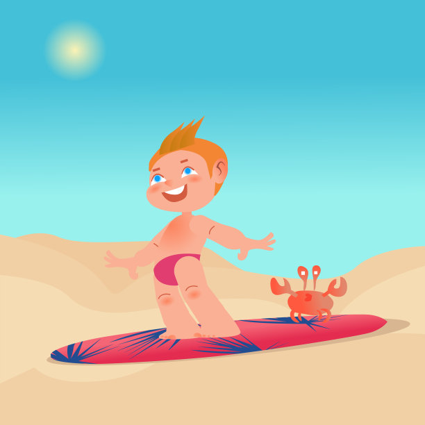 快乐的冲浪男孩带着冲浪板和螃蟹火车在海滩上。矢量卡通人物插图。家庭暑假，旅行图片下载