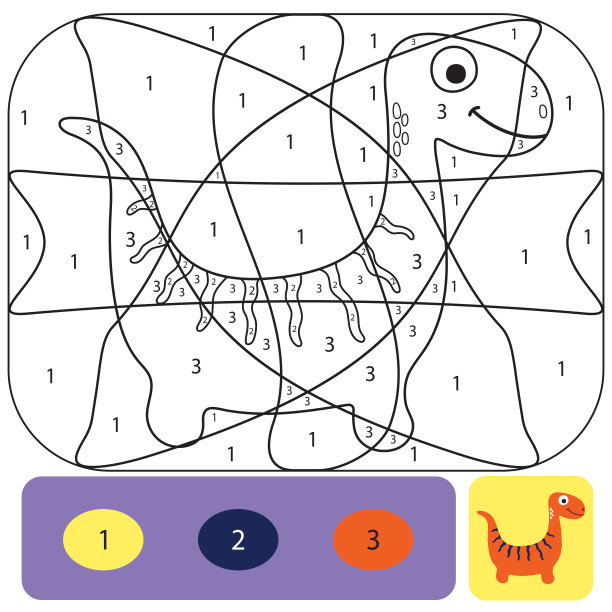 可爱的恐龙着色页的孩子。用颜色的数字填色游戏图片下载