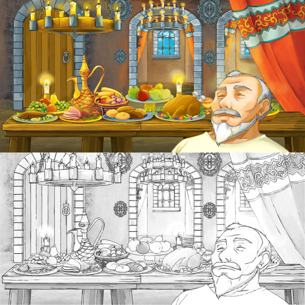 卡通童话场景与王子餐桌旁满是食物的女巫涂色页素描图片下载