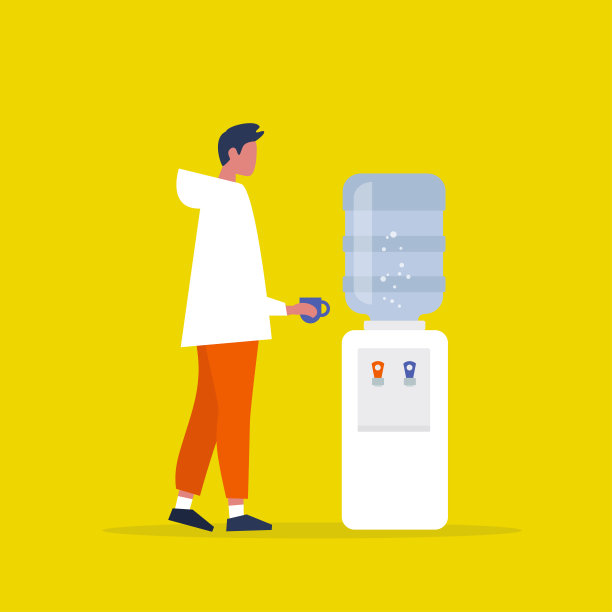 水冷却器。办公室。年轻的男经理拿着一个杯子。咖啡休息。平面向量插图图片下载