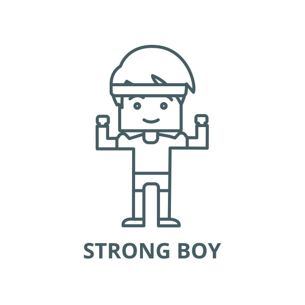 强壮的男孩，手举起向量线图标，线性概念，轮廓符号，符号图片下载
