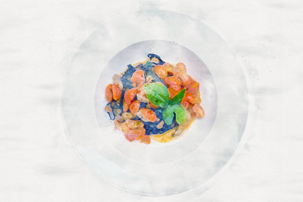 数字水彩画的黑墨番茄酱宽面条在白色盘子盘子图片下载