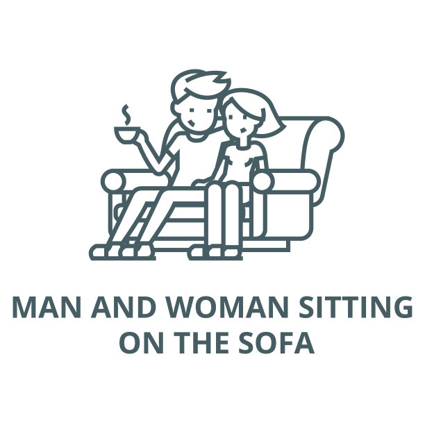 男人和女人坐在家里的沙发上矢量线图标，线性概念，轮廓符号，符号图片下载