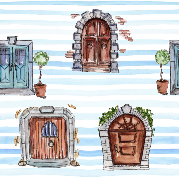 水彩无缝图案与童话门。乡村背景。图片下载