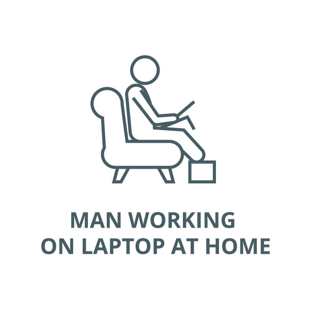 人在笔记本电脑上工作在家矢量线图标，线性概念，轮廓符号，符号图片下载
