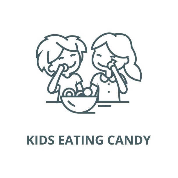 孩子吃糖果矢量线图标，线性概念，轮廓符号，符号图片下载