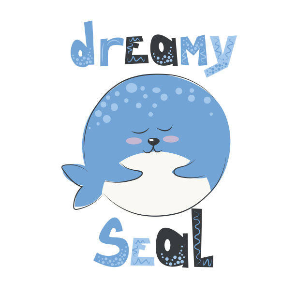 睡觉的可爱圆圆的蓝色海豹。刻字梦幻印章。用于设计，印刷。矢量图形图片下载