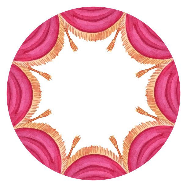 水彩圆形框架与红色马戏团窗帘。图片下载