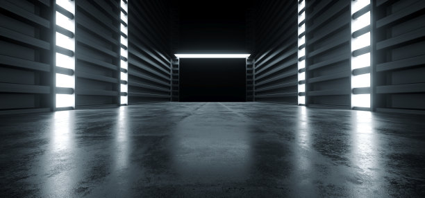 未来的现代科幻混凝土走廊走廊隧道仓库地下车库垃圾黑暗空反射展示舞台白色蓝色辉光飞船3D渲染图片下载