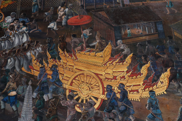 泰国曼谷——2019年5月18日:泰国曼谷翡翠佛寺、大皇宫或玉丘寺画廊的罗摩衍那壁画图片下载