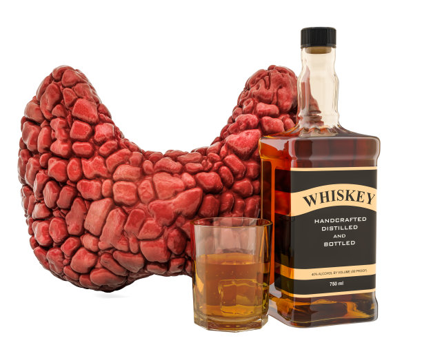 酒精对甲状腺功能的影响概念。人体甲状腺与酒精饮料。3D渲染孤立的白色背景图片下载