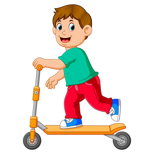 那个男孩在玩那辆橙色的滑板车图片下载