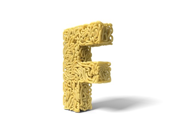 F字母形状的面条。用来烹饪的卷意大利面。三维演示图片下载