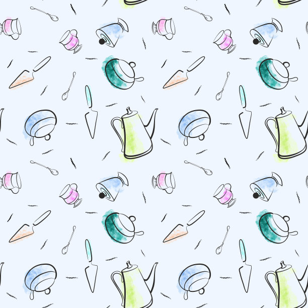 无缝图案茶具复古。在一个蓝色的背景。图形绘画、剪影、水彩彩色污渍图片下载