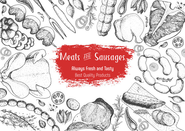 肉顶视图框架。矢量插图。雕刻设计。手绘插图。肉块设计模板。图片下载