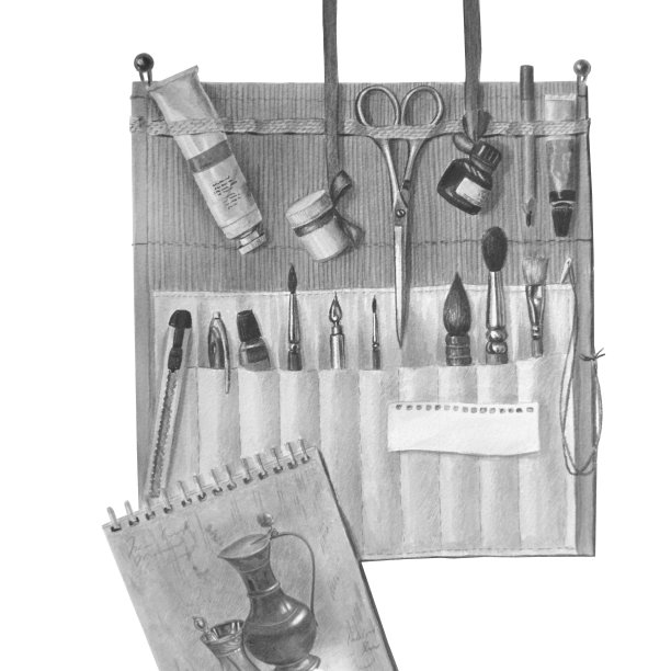 漂亮的铅笔盒和一套艺术工具。用画笔、铅笔和颜料组成的单色水彩。图片下载