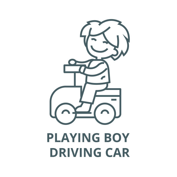 玩男孩开车对汽车矢量线图标，线性概念，轮廓符号，符号图片下载