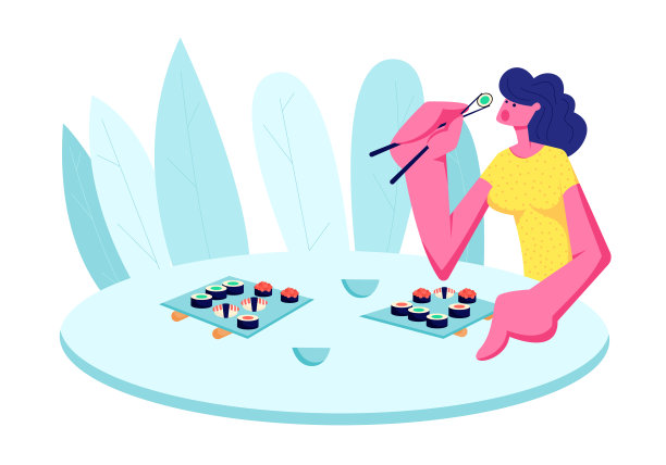 在餐厅吃寿司的女孩。年轻快乐的女性角色拿着筷子坐在餐桌与日本食物。周末休闲，放松，用餐，休息，闲暇。卡通平面矢量插图图片下载