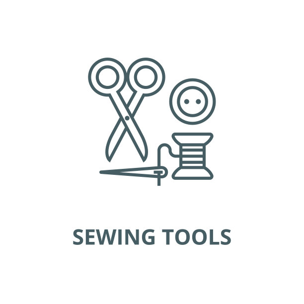 缝纫、剪刀、线、针、按钮矢量线图标、线形概念、轮廓符号、符号图片下载