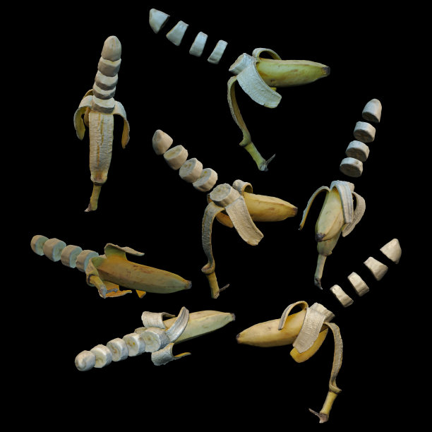 切片剥香蕉水果黑色背景多角度3d渲染图片下载