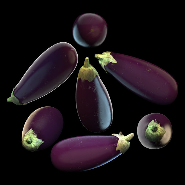 长茄子黑色背景多角度3d渲染图片下载