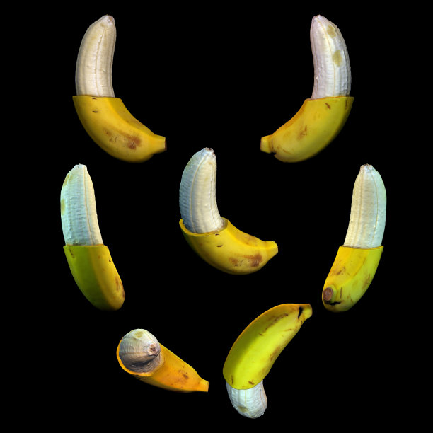 半剥香蕉水果黑色背景多角度3d渲染图片下载