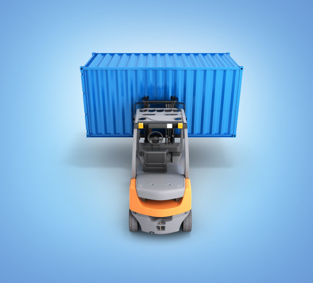 叉车装卸货物集装箱隔离在蓝色gradinet背景3d渲染图片下载