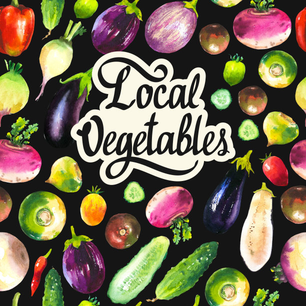 水彩插图与组成农场种植的插图。无缝模式上的黑色背景。蔬菜套装:辣椒，黄瓜，萝卜，萝卜，茄子，西红柿。新鲜的有机食品。图片下载