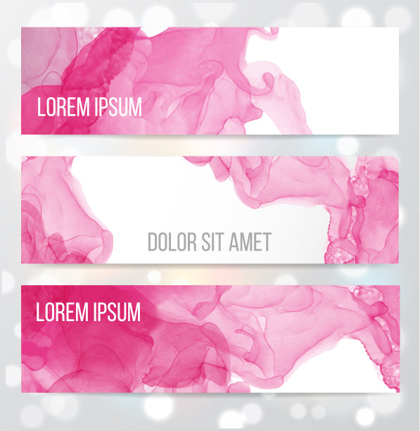 三个粉色横幅与抽象酒精水墨画在白色的背景与地方为您的文本。图片下载