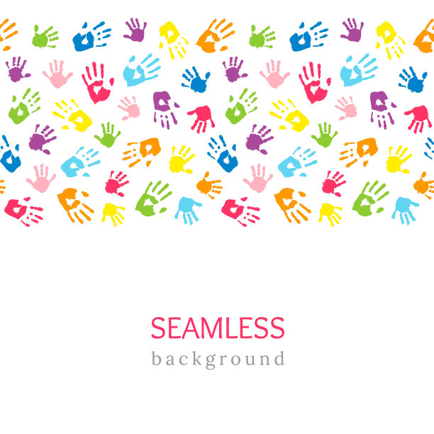 彩色的手放在白色的手上。无缝边界手印。无尽的五彩缤纷的背景。矢量图图片下载