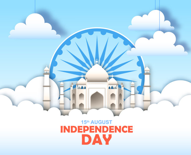 印度独立日。天空中的泰姬陵。剪纸艺术风格设计图片下载