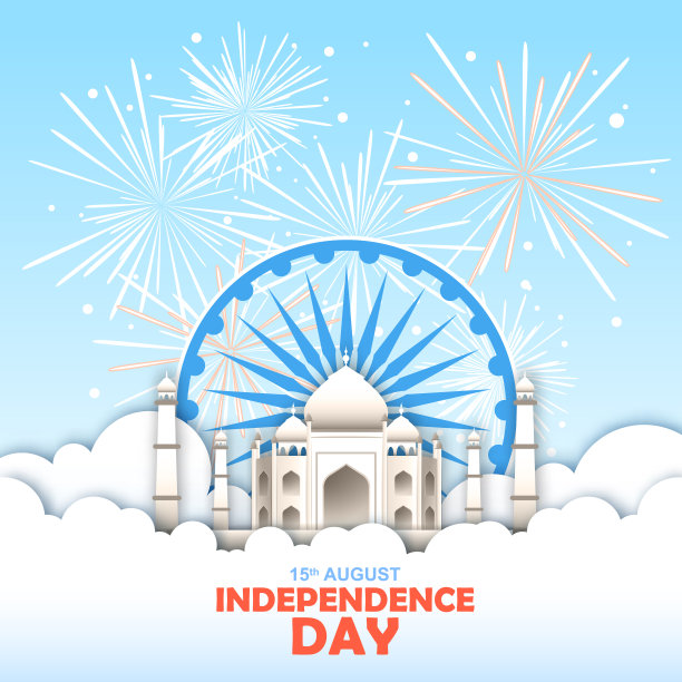 印度独立日。泰姬陵和天空中的节日烟火。剪纸艺术风格设计图片下载