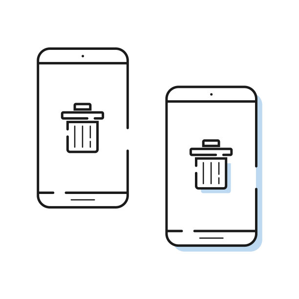 两个智能手机线条艺术图标与垃圾桶在简单的风格。概述手机矢量。图片下载
