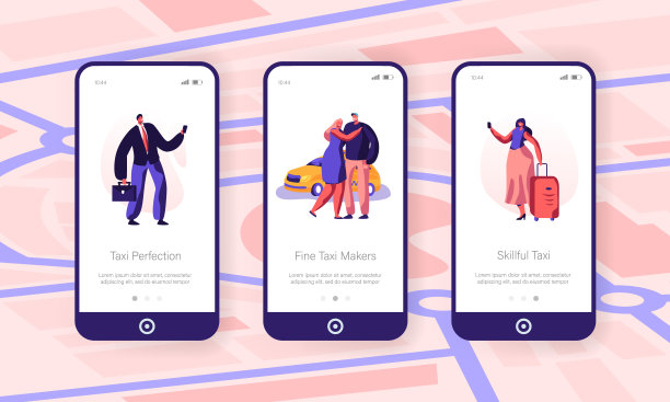 的士网站或网页的服务概念。黄色出租车等待乘客，人与行李呼叫车与司机通过智能手机移动应用程序页面车载屏幕设置，卡通平面矢量插图图片下载