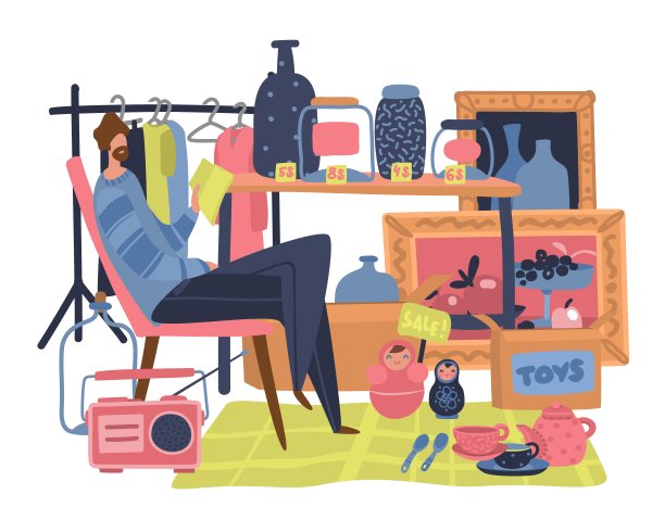 跳蚤市场。人们购物，出售二手复古商品，衣服交换满足集市。跳蚤市场媒介概念图片下载